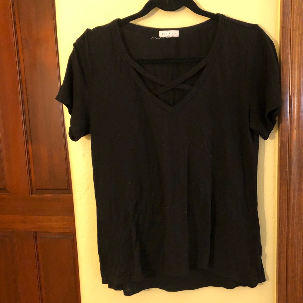 Black v neck with criss cross detail